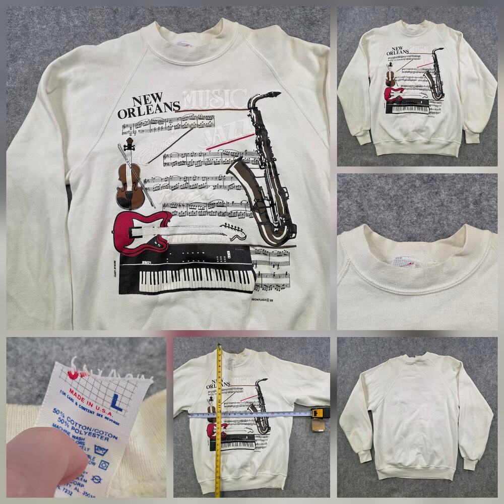 Vintage New Orleans Music Jazz Graphic Sweatshirt Mens Large White Jerzees 80s